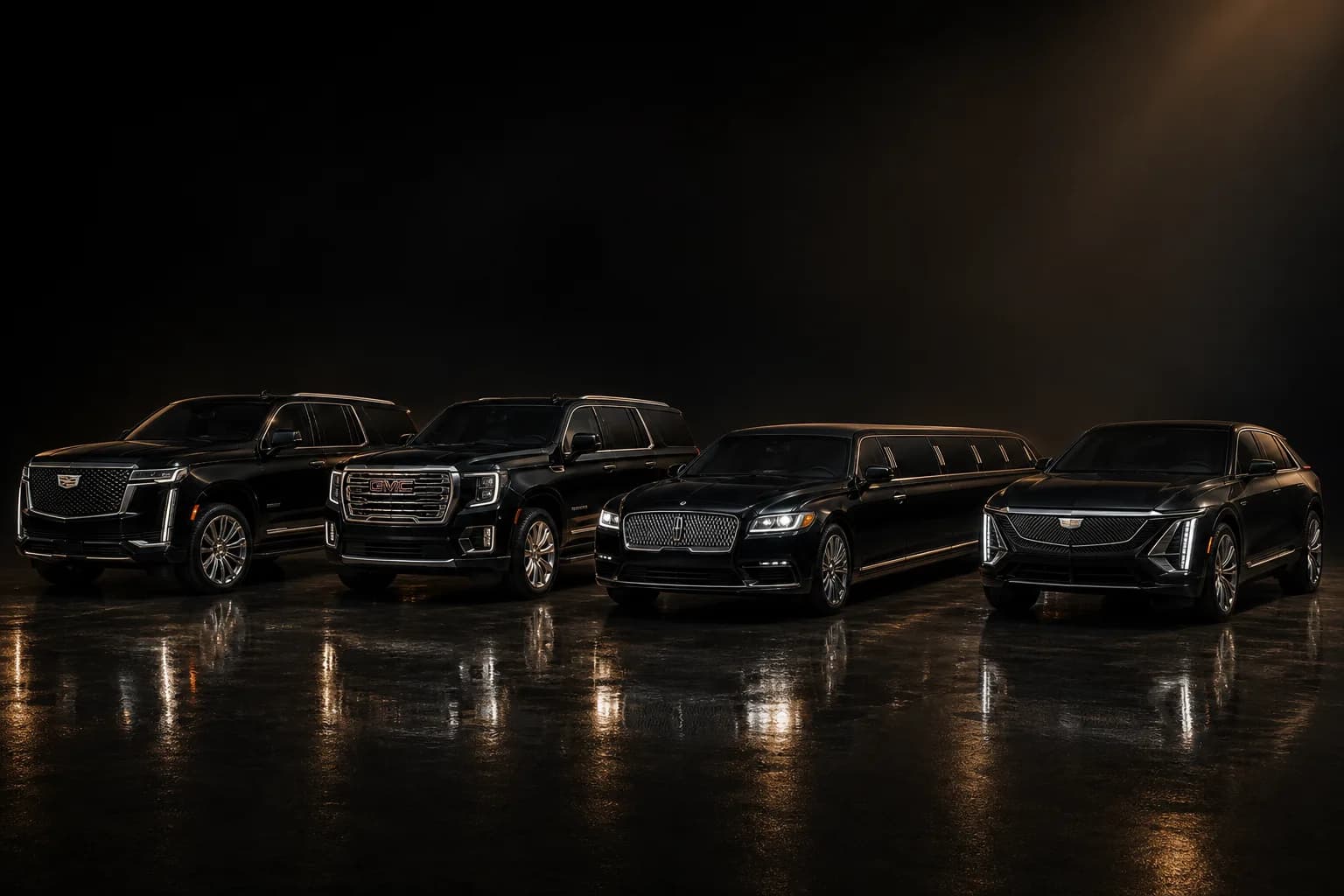 City Best Limousine fleet — Cadillac Escalade ESV, GMC Yukon Denali XL, stretch limo, Cadillac Lyriq